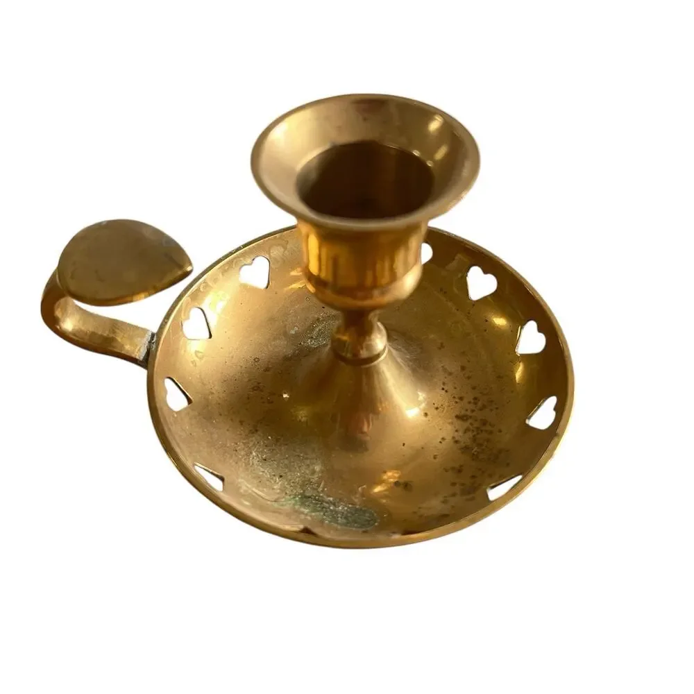 Brass Candlestick Holder Chamber Light Heart Cutouts Small Vintage Unpolished